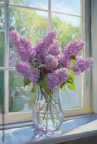 Bunch Of Beautiful Lilac Flowers In Clear Vase On Sunlit Windowsill Surrounded By Green Trees And Bright Natural Light