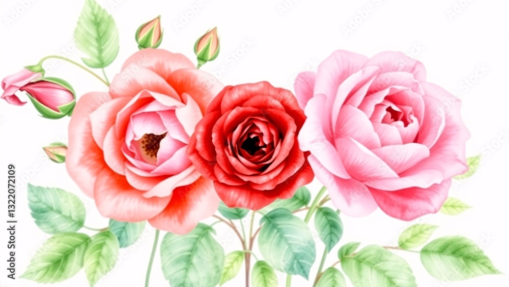 Fototapeta premium Lush Watercolor Roses in a Delicate Floral Border