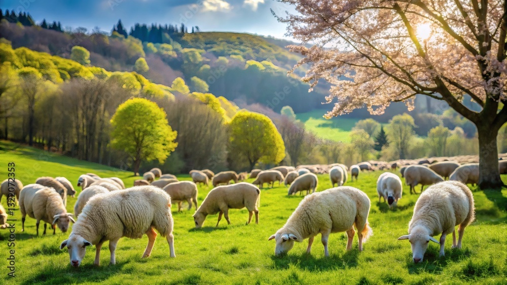 Obraz premium Sheep Grazing in Spring Pasture