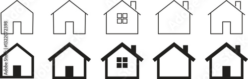 Web home icon set. Home page for apps and websites, house symbol isolated on transparent background. Main page, homepage, webpage, buttons. Vector illustration.