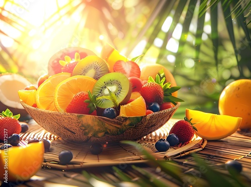 Tropical Fruit Medley Flat Lay: Juicy Oranges, Ripe Strawberries, Sweet Blueberries, and Vibrant Kiwis on Bamboo Mat with Palm Leaves and Coconut Accents