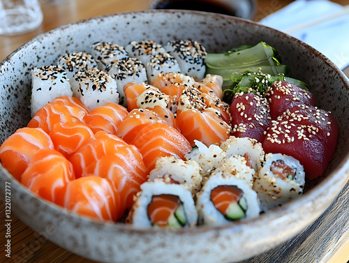 A delicate Japanese sushi platter with fresh tuna, salmon, and eel.