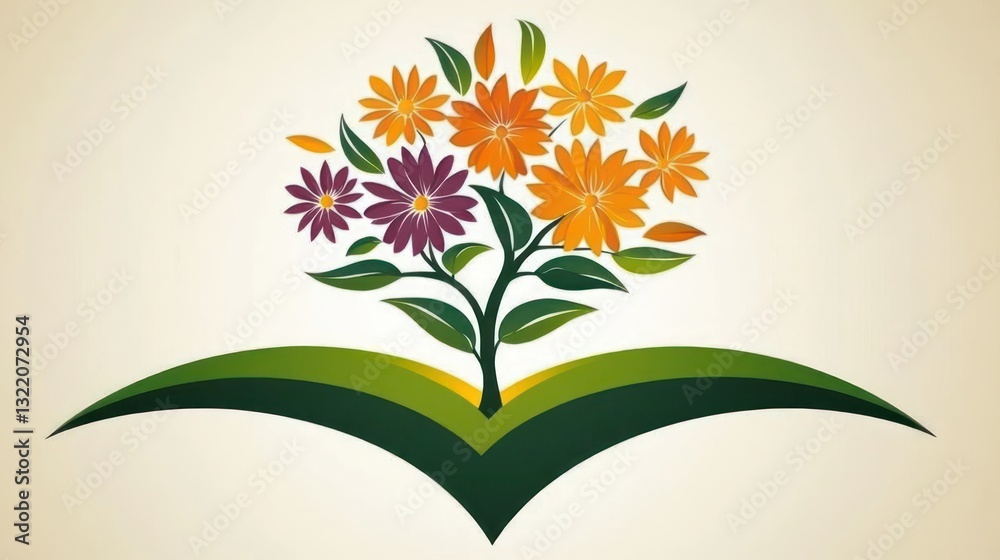 Naklejka premium Floral Tree Growing from a Book, Symbol of Knowledge and Imagination