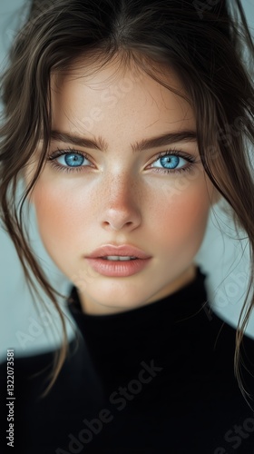 Model Showcases Striking Blue Eyes in a Close-Up Portrait During a Natural Li...