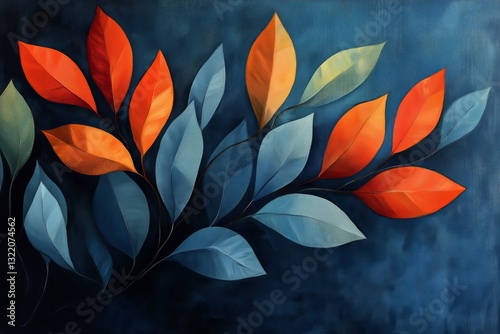 Vibrant Leaves Against a Blue Background Create a Striking Visual in Modern D...