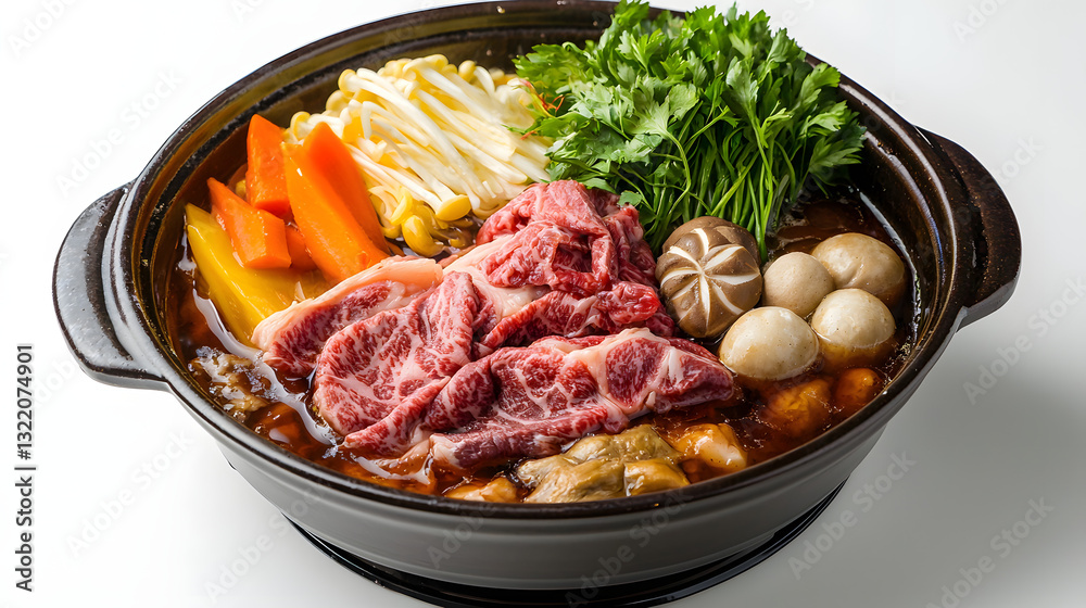 Delicious Slices of Beef in a Traditional Sukiyaki Pot with Fresh Vegetables and Mushrooms Delicious Slices of Beef in a Traditional Sukiyaki Pot with Fresh Vegetables and Mushrooms