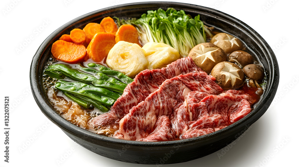 Delicious Suki Yaki Pot Dish with Fresh Vegetables and Tender Meat Ready for Serving Delicious Suki Yaki Pot Dish with Fresh Vegetables and Tender Meat Ready for Serving