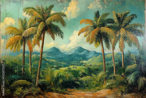 Lush Landscape With Palm Trees and Mountains Under a Bright Sky in a Tropical...