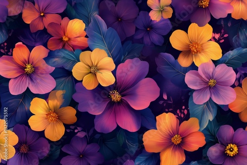 Vibrant Floral Pattern Featuring Diverse Flowers in an Array of Colors on a D...