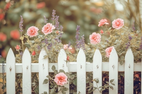 Charming Garden Scene with Pink Roses and Lavender Blooms Against a White Picket Fence in Soft Natural Light