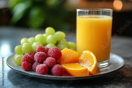 Fresh Fruit Selection With Juice on Marble Counter in Bright Natural Light