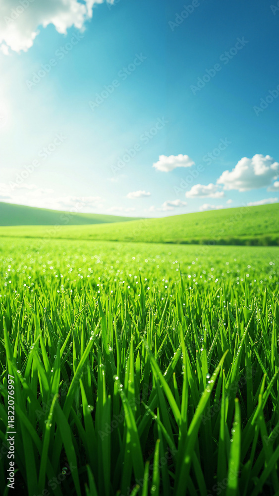 Vibrant Spring Landscape with Lush Green Grass and Blue Sky - Perfect for Easter Marketing, Gardening Promotions, and Outdoor Events Vibrant Spring Landscape with Lush Green Grass and Blue Sky - Perfect for Easter Marketing, Gardening Promotions, and Outdoor Events