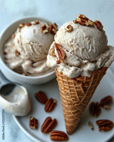 Delicious Homemade Ice Cream Served in a Cone and Bowl With Pecans on a Plate