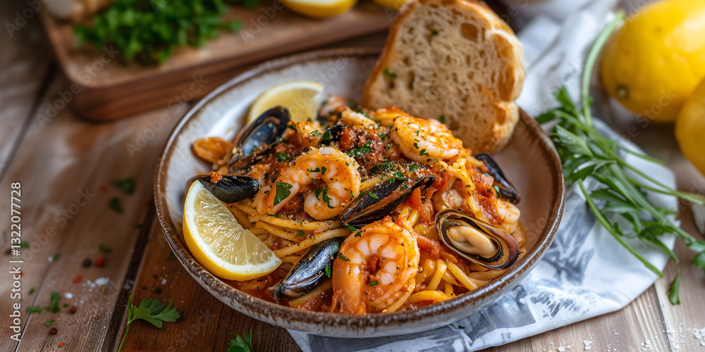 Creative food Concept. Seafood bolognese tomato sauce pasta linguine with mussels, shrimp, sprinkled parsley parmesan cheese on rustic wooden table top with ingredients lemon bread, copy text space
Creative food Concept. Seafood bolognese tomato sauce pasta linguine with mussels, shrimp, sprinkled parsley parmesan cheese on rustic wooden table top with ingredients lemon bread, copy text space