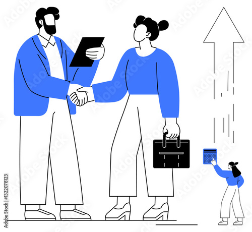 Wallpaper Mural Two professionals shaking hands, carrying briefcases and documents, with an upward arrow symbolizing growth and success. Ideal for teamwork, partnership, business strategy, success, leadership Torontodigital.ca