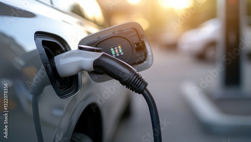 Electric vehicle charging with plugged in connector showing clean energy and modern transportation with eco friendly technology for a sustainable future