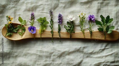 Row of diverse flowers displayed on a wooden spoon against textured cloth