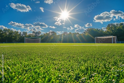 Sunny Soccer Field With Goalposts and Vibrant Green Grass in the Afternoon