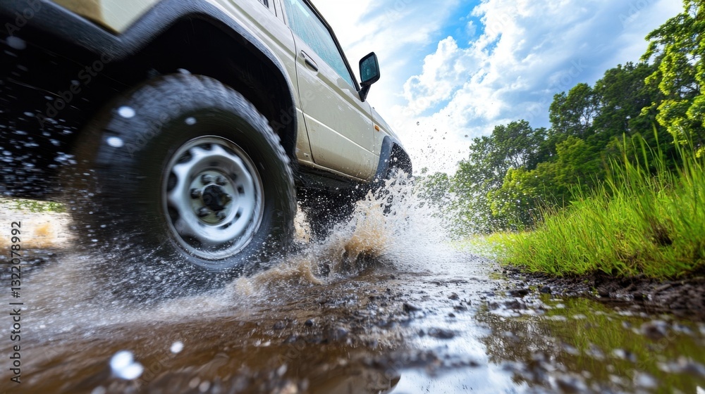 4x4 vehicle splashes through muddy puddle, near green grass, under a blue sky. 4x4 vehicle splashes through muddy puddle, near green grass, under a blue sky.