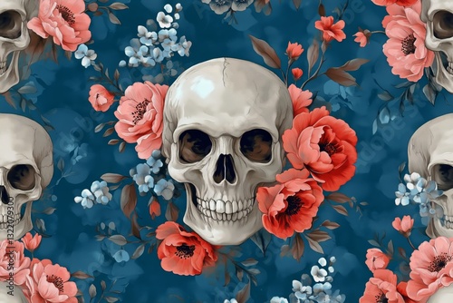 Intricate Floral Pattern Featuring Skulls With Vibrant Red and Cream Flowers ...