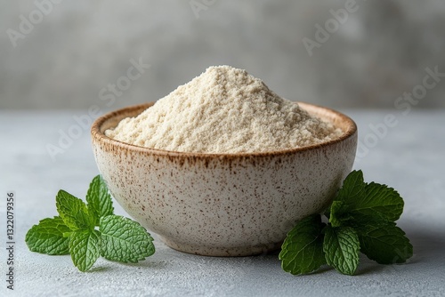 Minimalistic stock photo of psyllium husk powder in a rustic bowl with fresh mint leaves