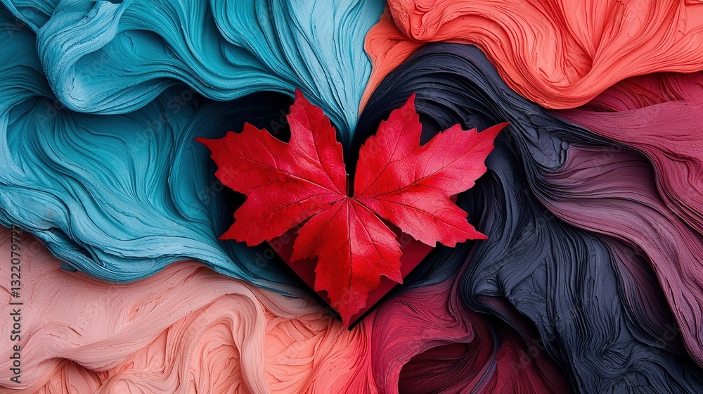 Obraz premium A red maple leaf sits atop a colorful wave of liquid flowing in a heart shape