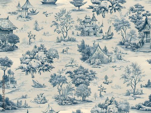 A blue and white toile pattern with houses. trees. and boats.