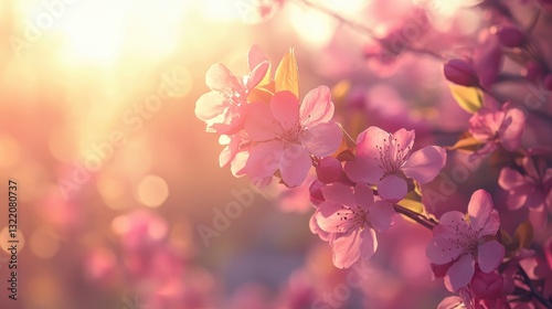 Delicate pink blossoms illuminated by golden sunset, highlighting soft spring branch with ethereal backlight and natural luminescence