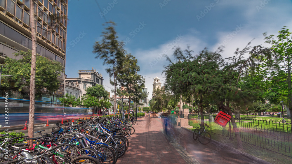 Red cycling track in the Jose Larco avenue and bicycle parking timelapse hyperlapse in Miraflores, Lima Peru Red cycling track in the Jose Larco avenue and bicycle parking timelapse hyperlapse in Miraflores, Lima Peru
