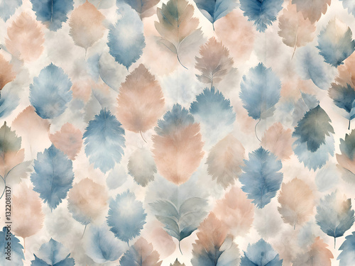 Seamless Watercolor Pattern of Delicate Blue and Beige Leaves.