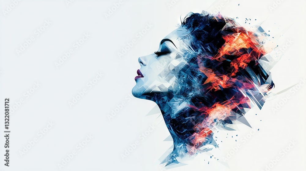 Fototapeta premium A woman's face is depicted with red and black lines emerging from her head