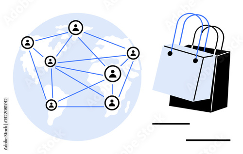 Connected user icons form a network over a world map, pointing to ecommerce represented by shopping bags. Ideal for digital communication, global business, ecommerce, social media, internet networks