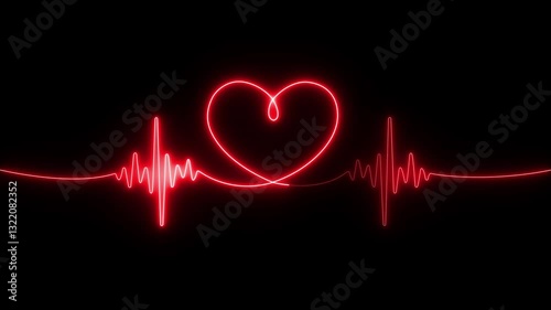 Neon heartbeat line animation with love icon. Heart Line, Heart rhythm, heart beat pulse. Abstract heart beats ,Background heartbeat line neon light heart rate display screen medical, valentine day 