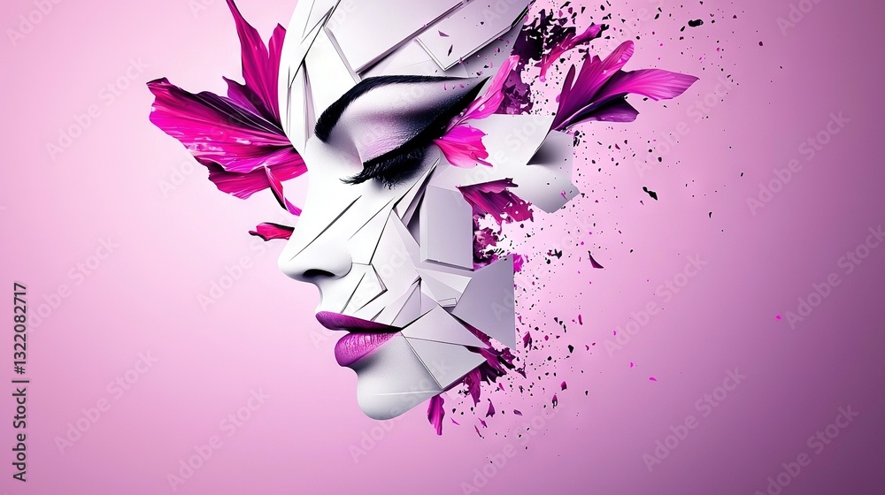 Fototapeta premium A woman's face in pink and white paint splatters on a pink background