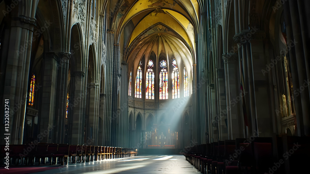Fototapeta premium Sunbeams Illuminate Stained Glass Windows in Grand Cathedral Interior with Stone Columns