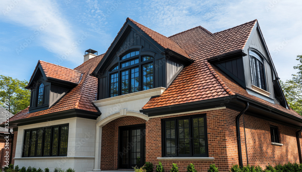 This brick house features a striking corner roof design complemented by large windows, a blend of traditional and contemporary styles, set against a clear blue sky and vibrant greenery This brick house features a striking corner roof design complemented by large windows, a blend of traditional and contemporary styles, set against a clear blue sky and vibrant greenery