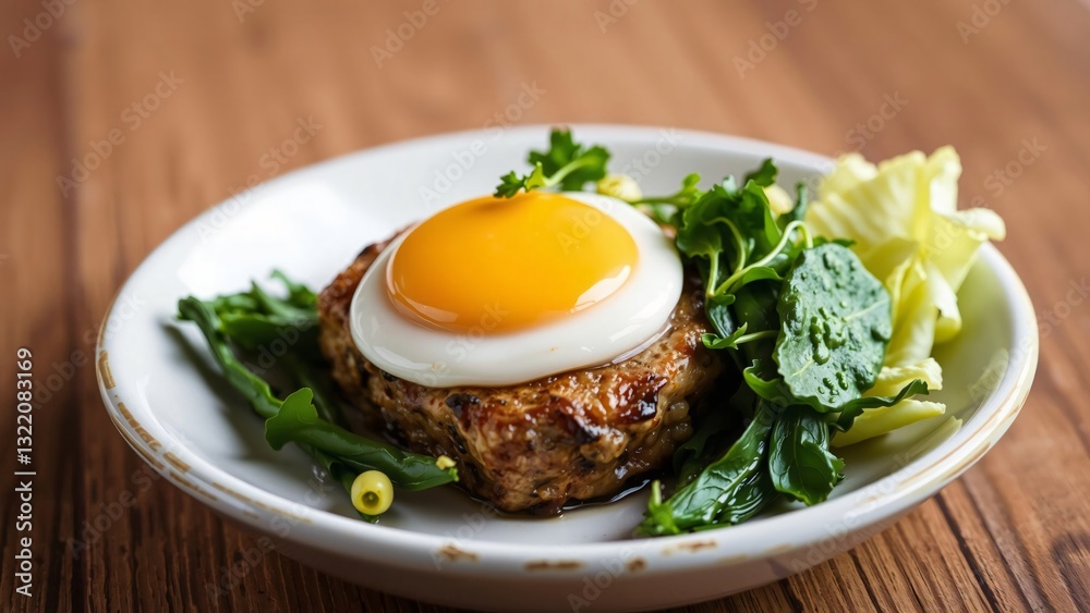 Delicious Gourmet Hamburger Steak Topped with a Fried Egg and Served with Fresh Greens Delicious Gourmet Hamburger Steak Topped with a Fried Egg and Served with Fresh Greens