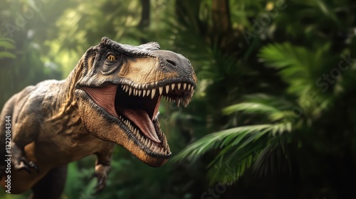 Cgi rendering depicting menacing tyrannosaurus rex with gaping jaw, sharp teeth, extended tongue, standing amid lush prehistoric jungle vegetation and dense foliage