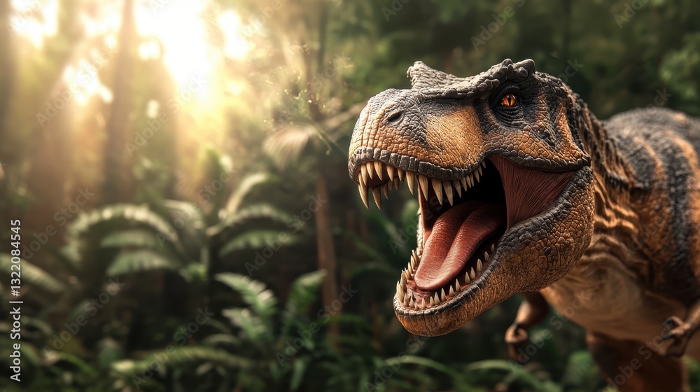 Obraz premium Ferocious tyrannosaurus rex roaring, revealing razor sharp teeth and tongue, standing amid dense prehistoric jungle bathed in golden sunlight