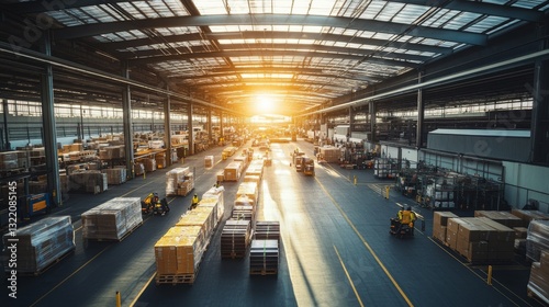 Aerial View of Warehouse with Pallets and Forklifts at Sunset