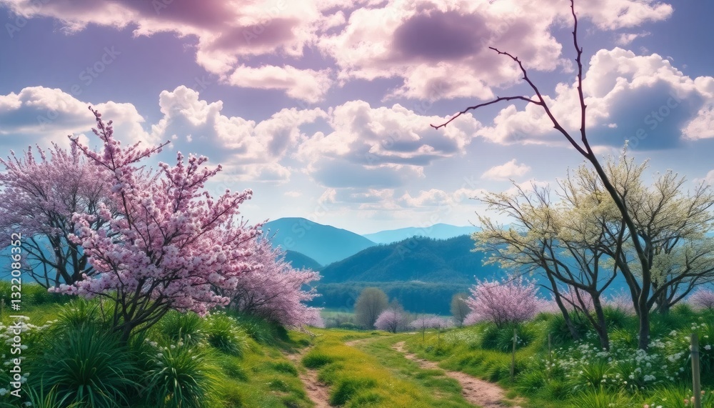 Spring Landscape with Blooming Trees and Mountains Spring Landscape with Blooming Trees and Mountains