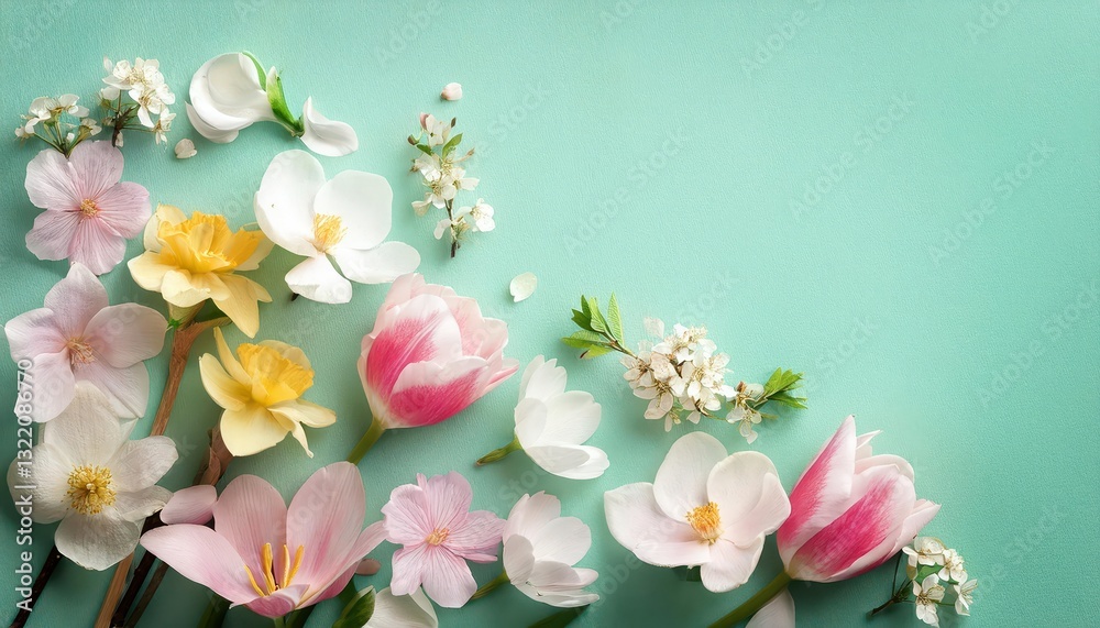 Fototapeta premium Vibrant Spring Blooms Pop Against a Crisp Paper Backdrop, an Explosion of Colors and Textures in Soft Focus, Showcasing the Joy and Beauty of Natures Rebirth.