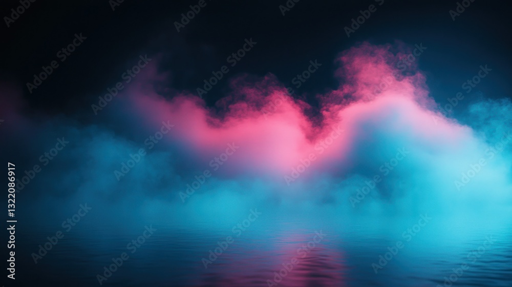 Fototapeta premium Blue and pink fog over dark water creates a surreal landscape