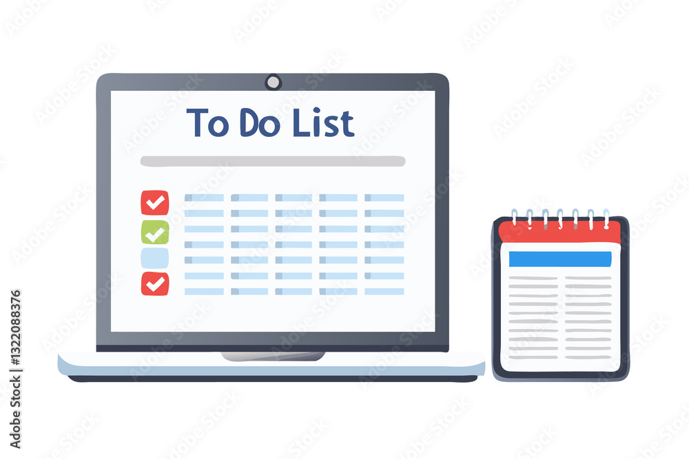 Modern Laptop Displaying A Digital To-Do List With Checkmarks Beside A Spiral Notebook. Productivity And Task Management Concept For Business, Organization, And Time Management. Modern Laptop Displaying A Digital To-Do List With Checkmarks Beside A Spiral Notebook. Productivity And Task Management Concept For Business, Organization, And Time Management.