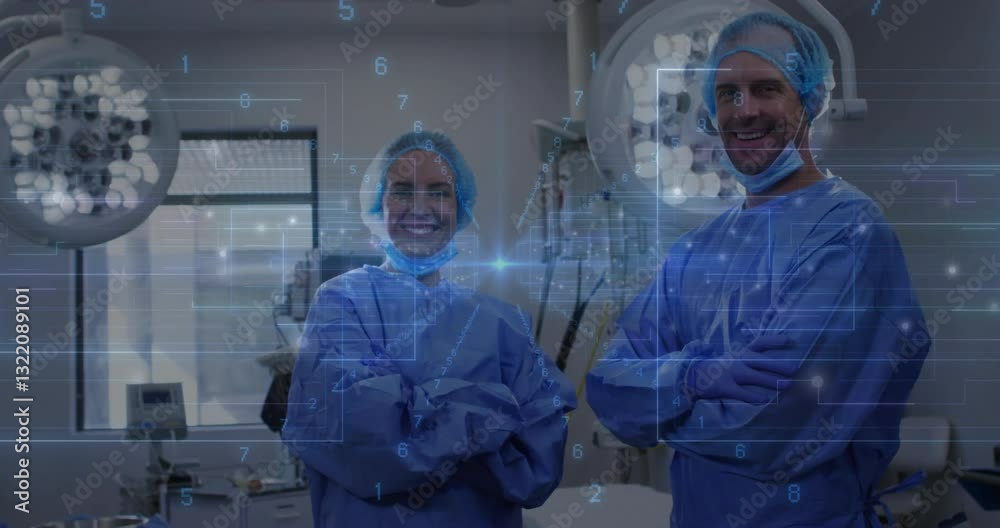 In operating room, medical professionals in scrubs analyzing digital data animation
