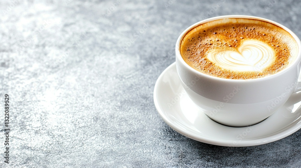 Fototapeta premium A cappuccino in a white cup on a saucer, served on a gray surface The coffee has a heart-shaped design on its foam