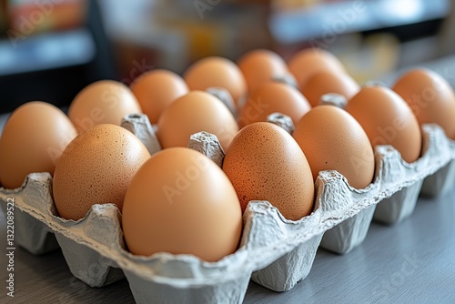 Brown eggs arranged neatly in rows within an egg carton on a counter surface photo