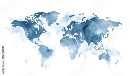 World map, painted in soft, diffused blue tones.  The continents are outlined against a white background with a light, misty effect