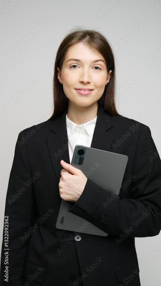Business professional holding tablet in studio setting while posing confidently with a slight smile Business professional holding tablet in studio setting while posing confidently with a slight smile