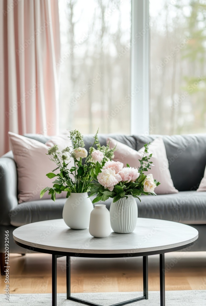 Obraz premium Cozy and Elegant Living Room with Floral Arrangements and Soft Color Palette, Featuring Stylish Furniture and Natural Light from Large Windows